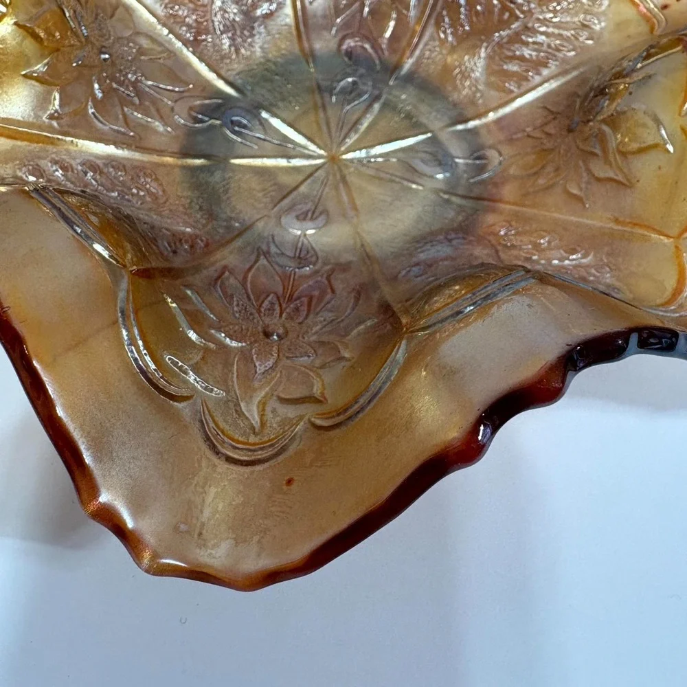 Vintage Marigold Carnival Glass Bowl Ruffle Edge IrIridescent Floral Collectible